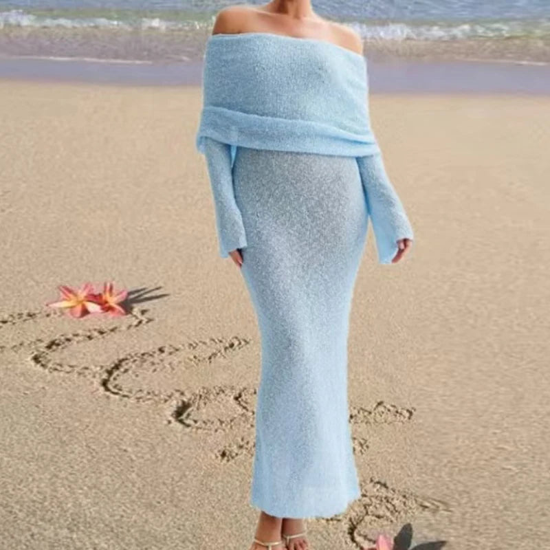 שמלת ערב אלגנטית מחטבת עם כתפיים חשופות