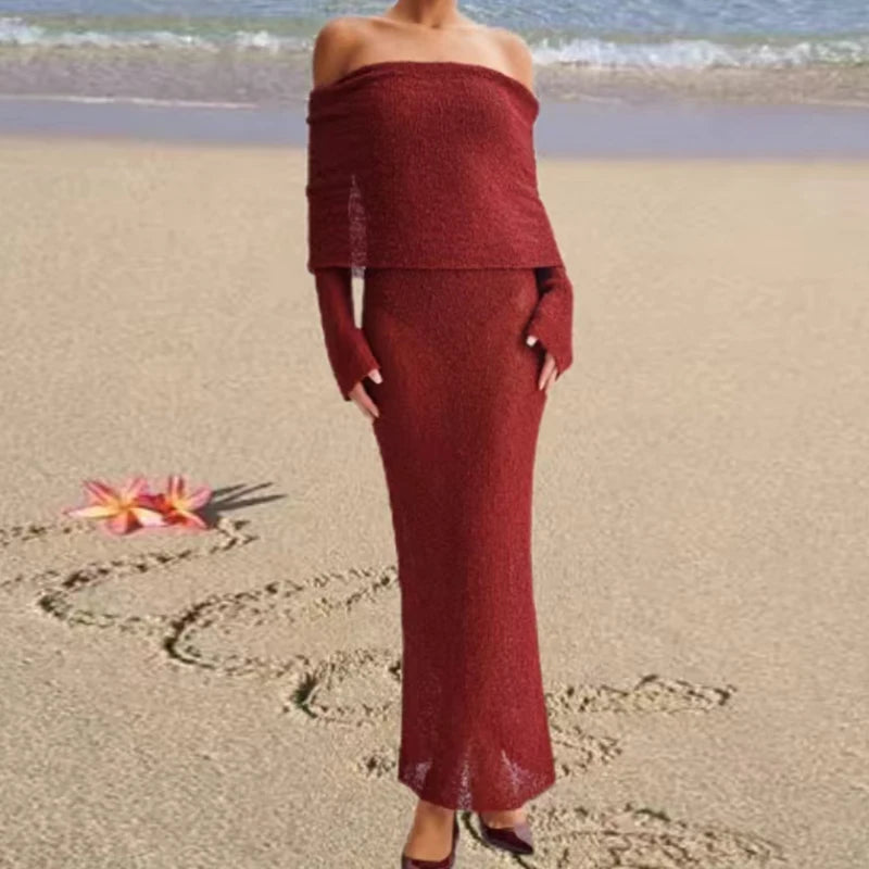 שמלת ערב אלגנטית מחטבת עם כתפיים חשופות