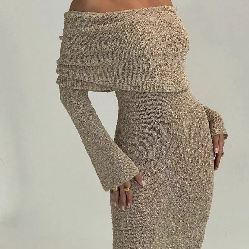 שמלת ערב אלגנטית מחטבת עם כתפיים חשופות