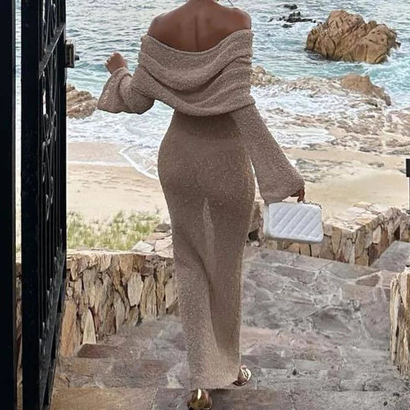 שמלת ערב אלגנטית מחטבת עם כתפיים חשופות