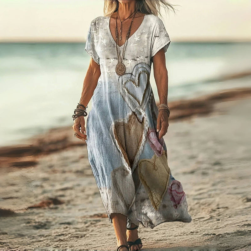 שמלה וינטג' אלגנטית עם הדפס לבבות מושך למראה אלגנטי