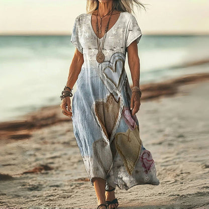 שמלה וינטג' אלגנטית עם הדפס לבבות מושך למראה אלגנטי