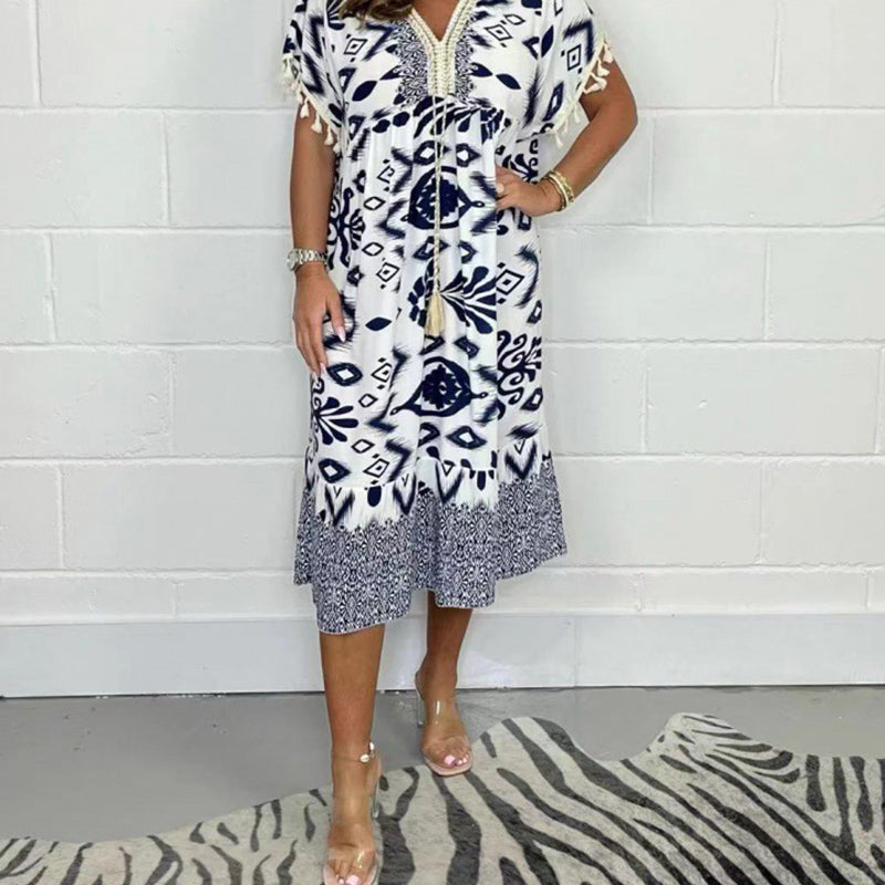 Alyex - שמלת קז'ואל מודפסת עם צווארון ופתח V ייחודי