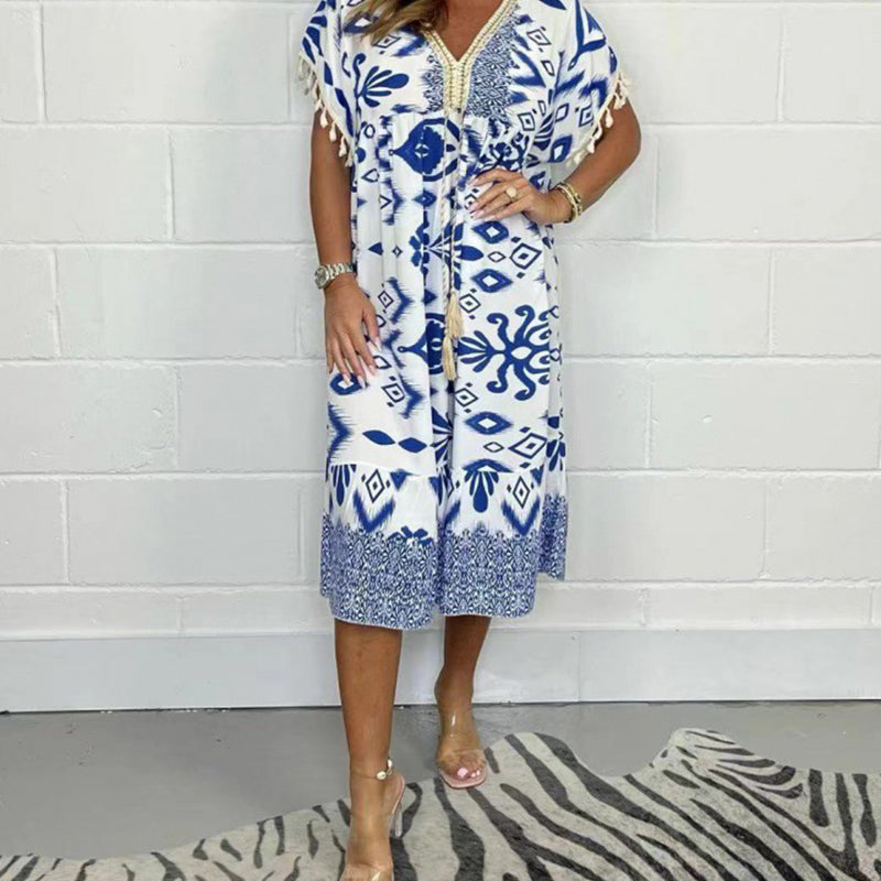 Alyex - שמלת קז'ואל מודפסת עם צווארון ופתח V ייחודי