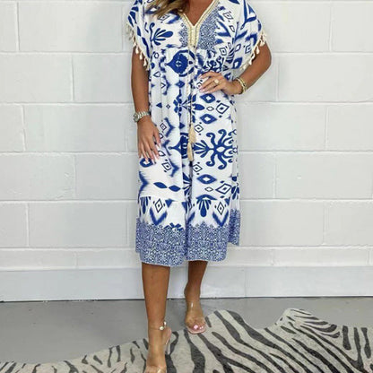 Alyex - שמלת קז'ואל מודפסת עם צווארון ופתח V ייחודי