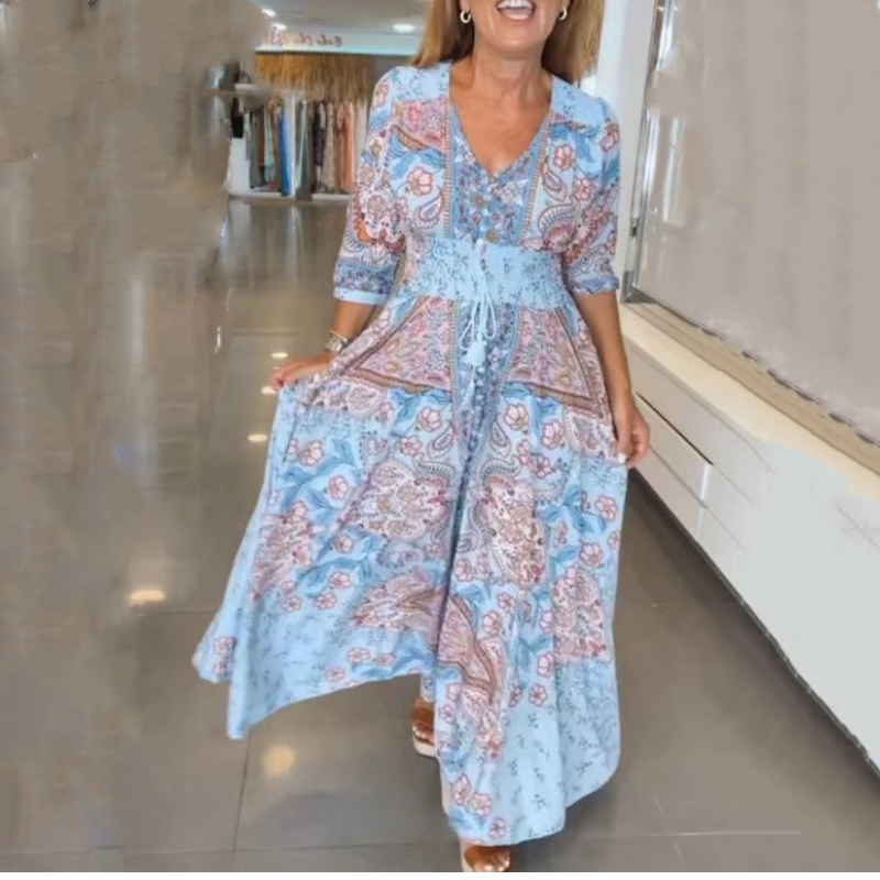 Aliye - שמלת מקסי ארוכה עם הדפס פרחוני אלגנטי וקישוט קשירה במותן לסטייל מושלם