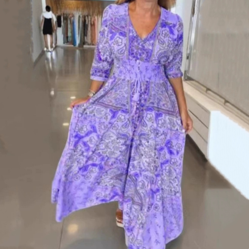 Aliye - שמלת מקסי ארוכה עם הדפס פרחוני אלגנטי וקישוט קשירה במותן לסטייל מושלם