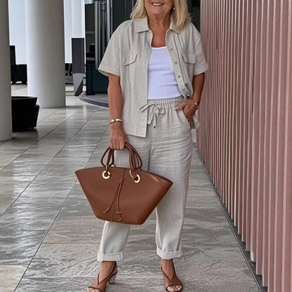 סט חולצה קצרה ומכנסיים משוחררים מבמבוק-פשתן