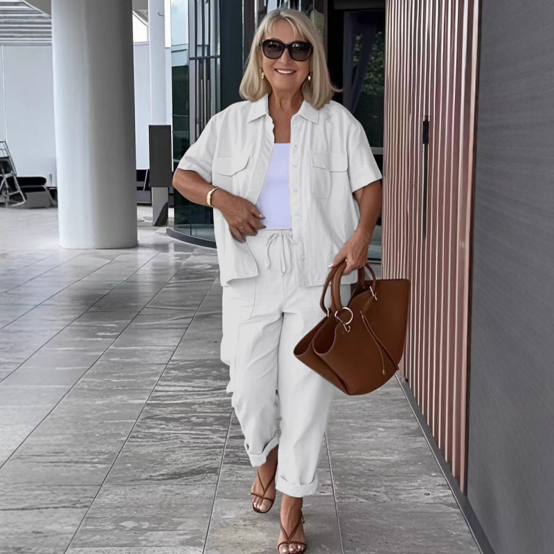 סט חולצה קצרה ומכנסיים משוחררים מבמבוק-פשתן